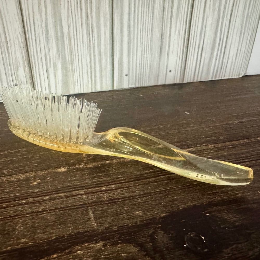 Vintage AVON Mini Purse Hair Brush Crystal Yellow Nylon Bristle Thumb Handle